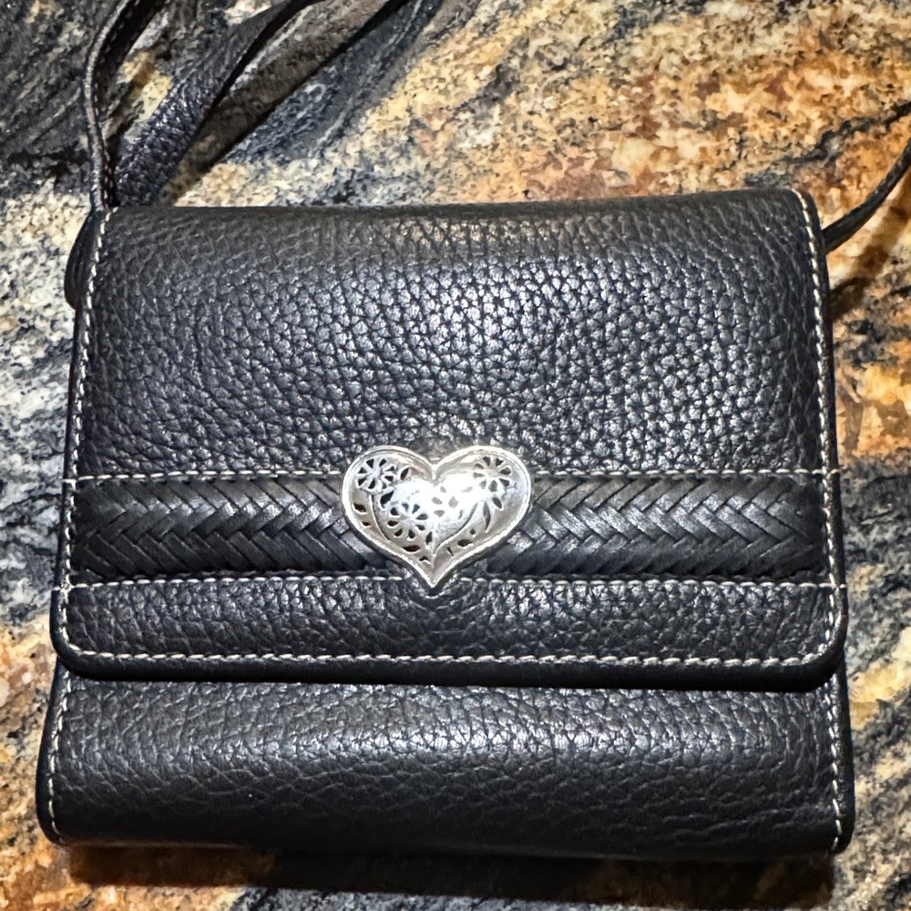 Brighton Black Leather Crossbody with Silver Heart Accent